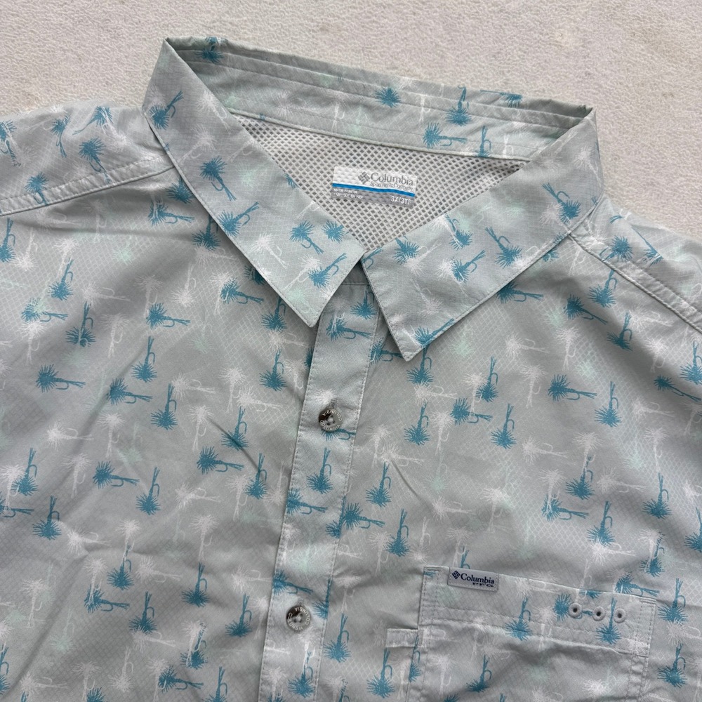 Columbia PFG Shirt Mens 3X Light Blue Fly Fishing Lure Print Short Sleeve FS1039